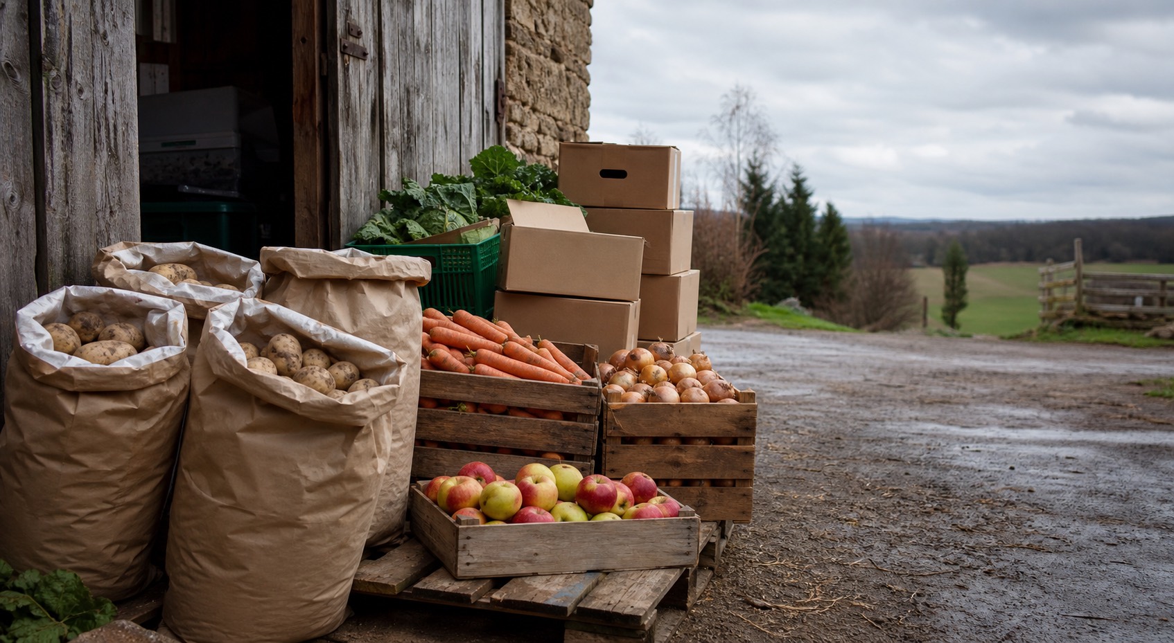 Packed potatoes, carrots, onions and apples ready for farm delivery
